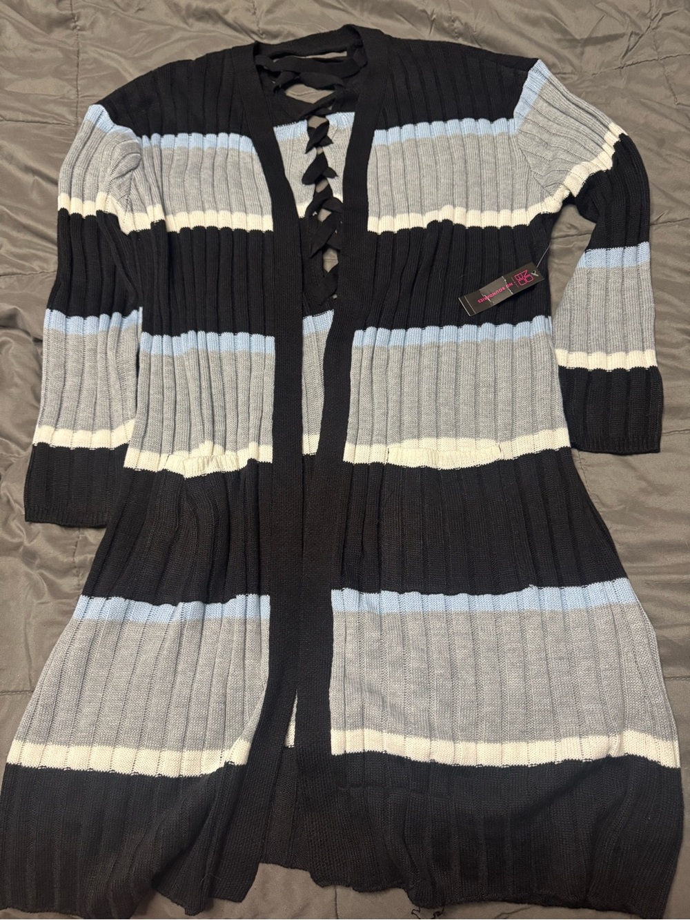 No Boundaries Black, Gray & Light Blue Striped Ribbed Open Cardigan
